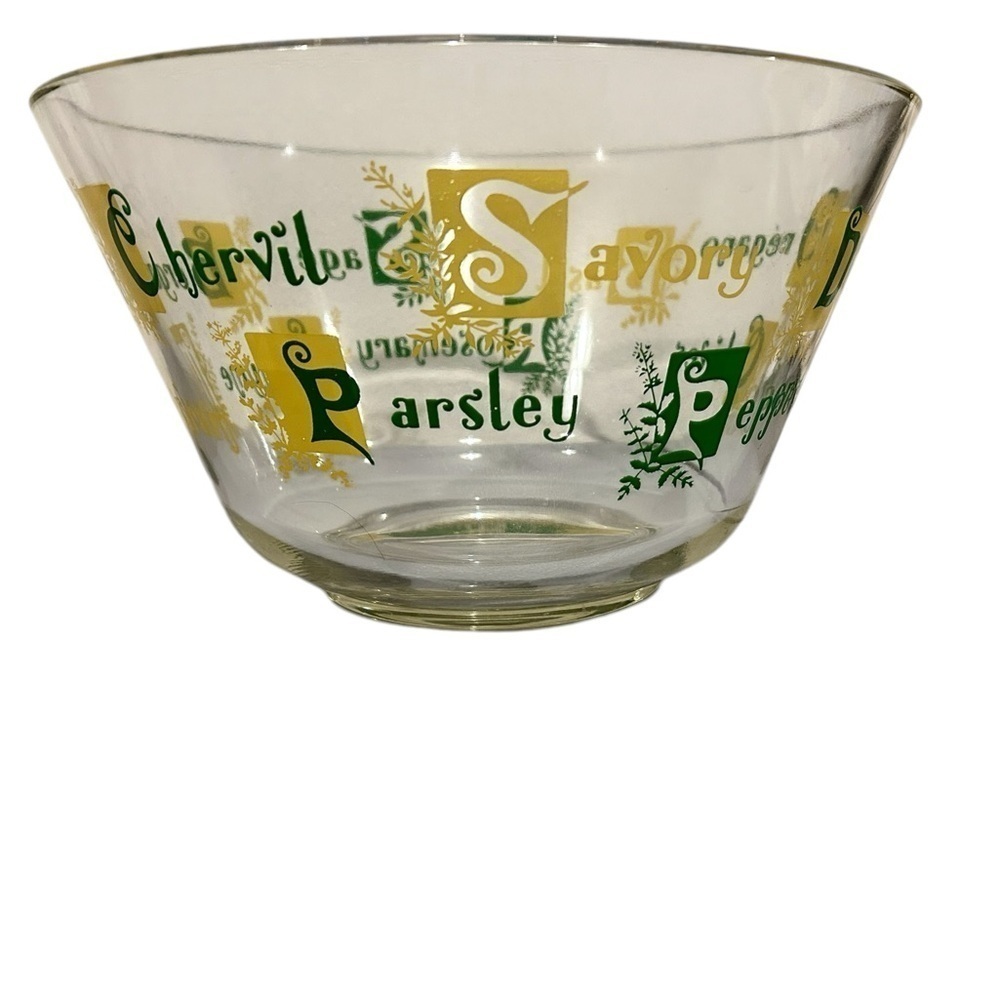 60’s HERBS SPICES Large Vintage Glass Serving Salad Bowl Green Gold EC